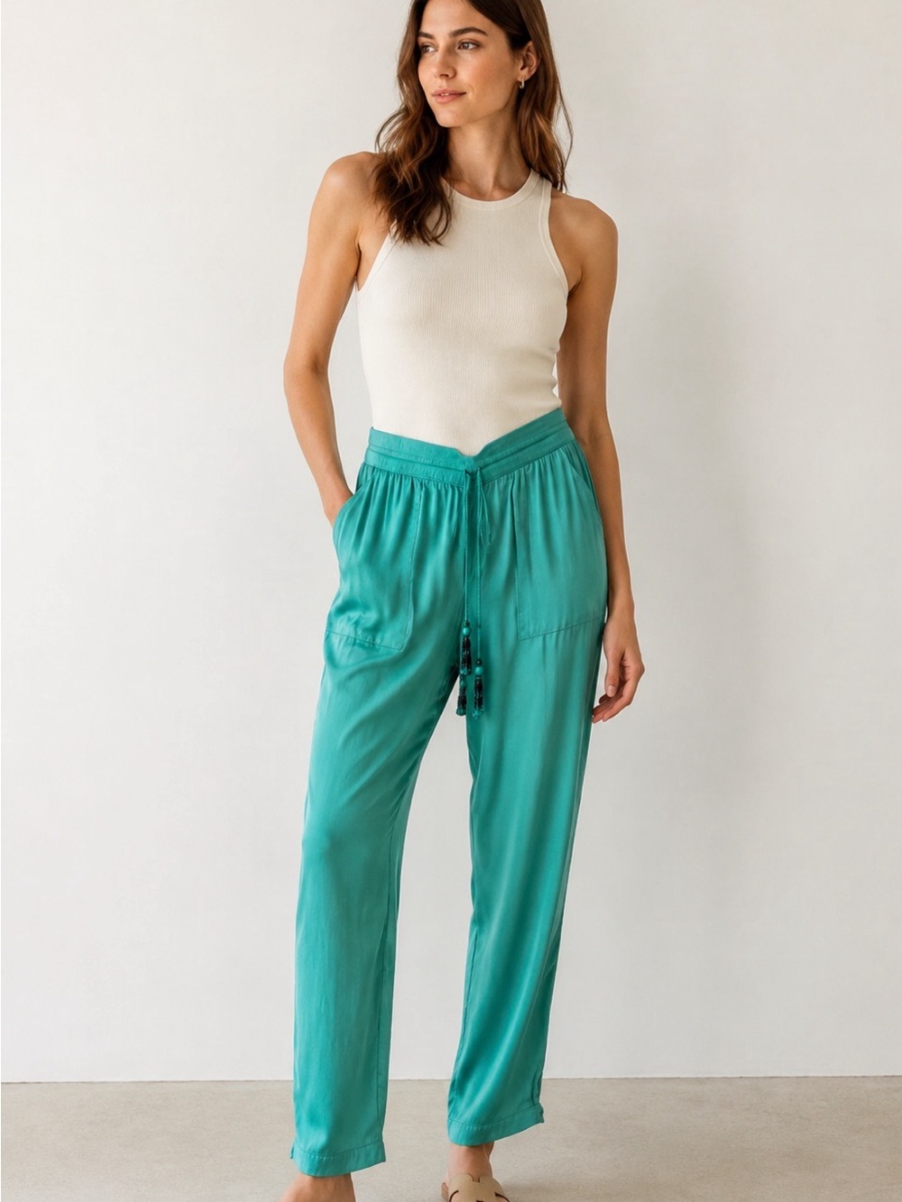 Adrianna Papell Teal Drawstring Straight-Leg Pants Size 14
